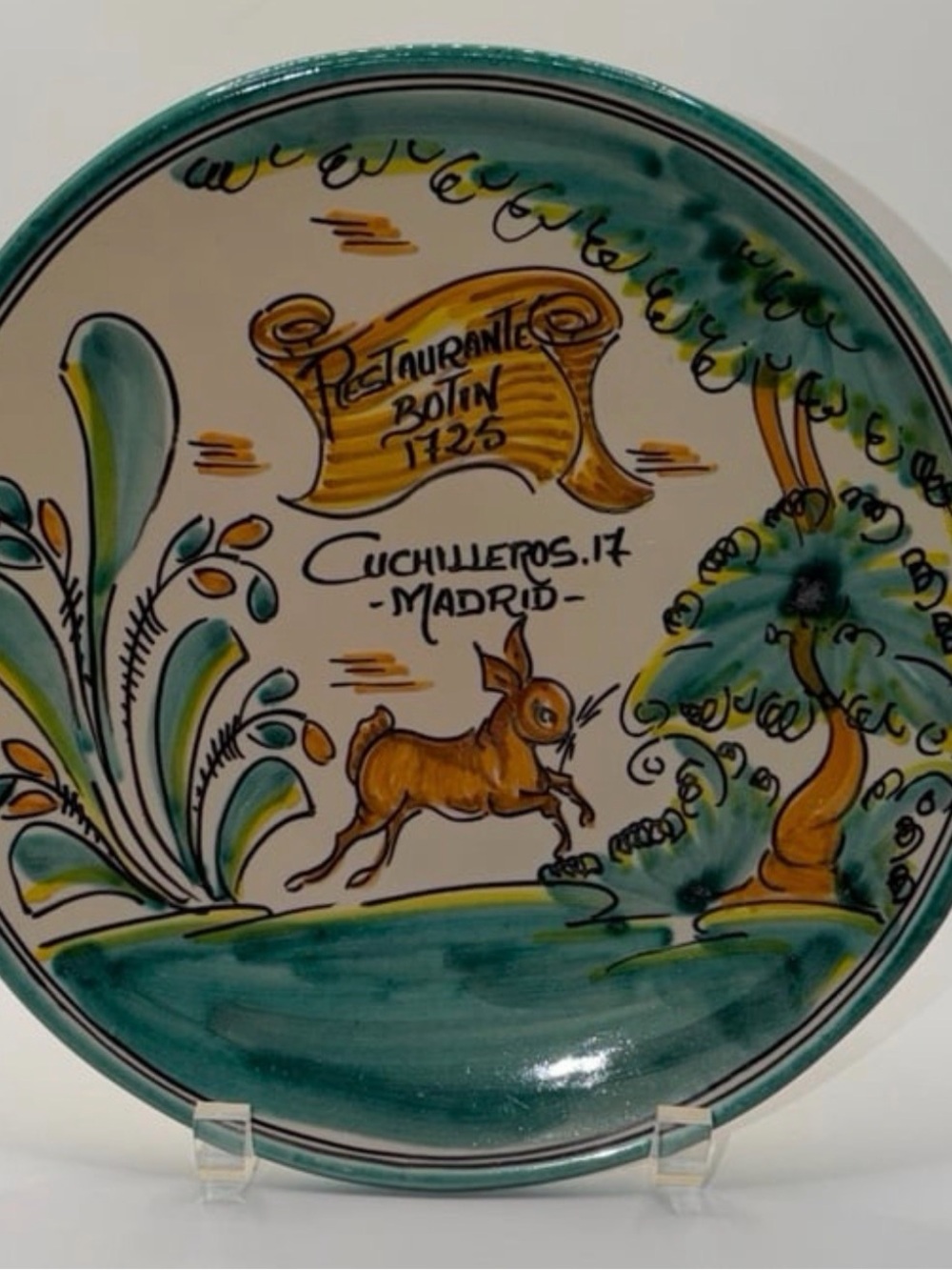 Vintage Madrid Restaurante Botin Hand-Painted Folk Art Rabbit Signed 9” Plate